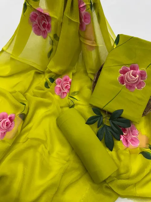 Hand-Painted Cotton Suit Set with Flowing Chiffon Dupatta